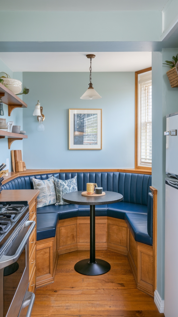 Cozy Corner Kitchen with Built-In Banquette and Light Blue Walls