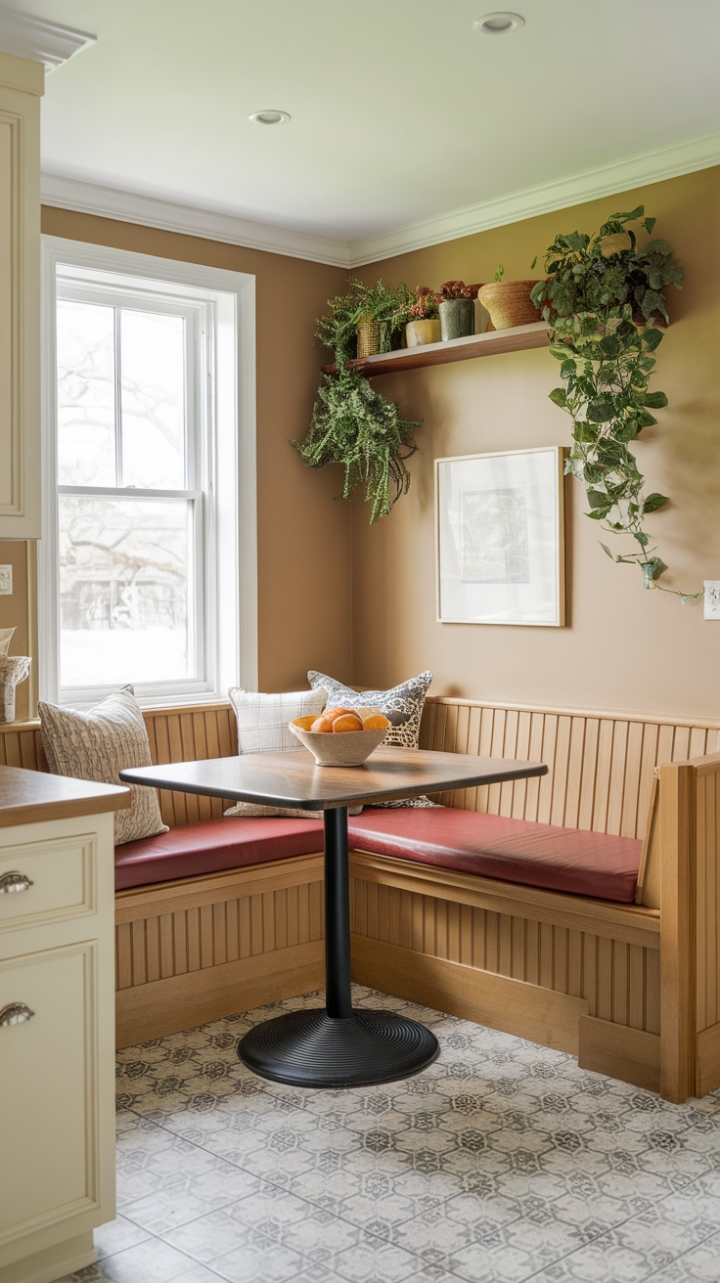 Cozy Corner Breakfast Nook with Built-In Booth and Vibrant Tile