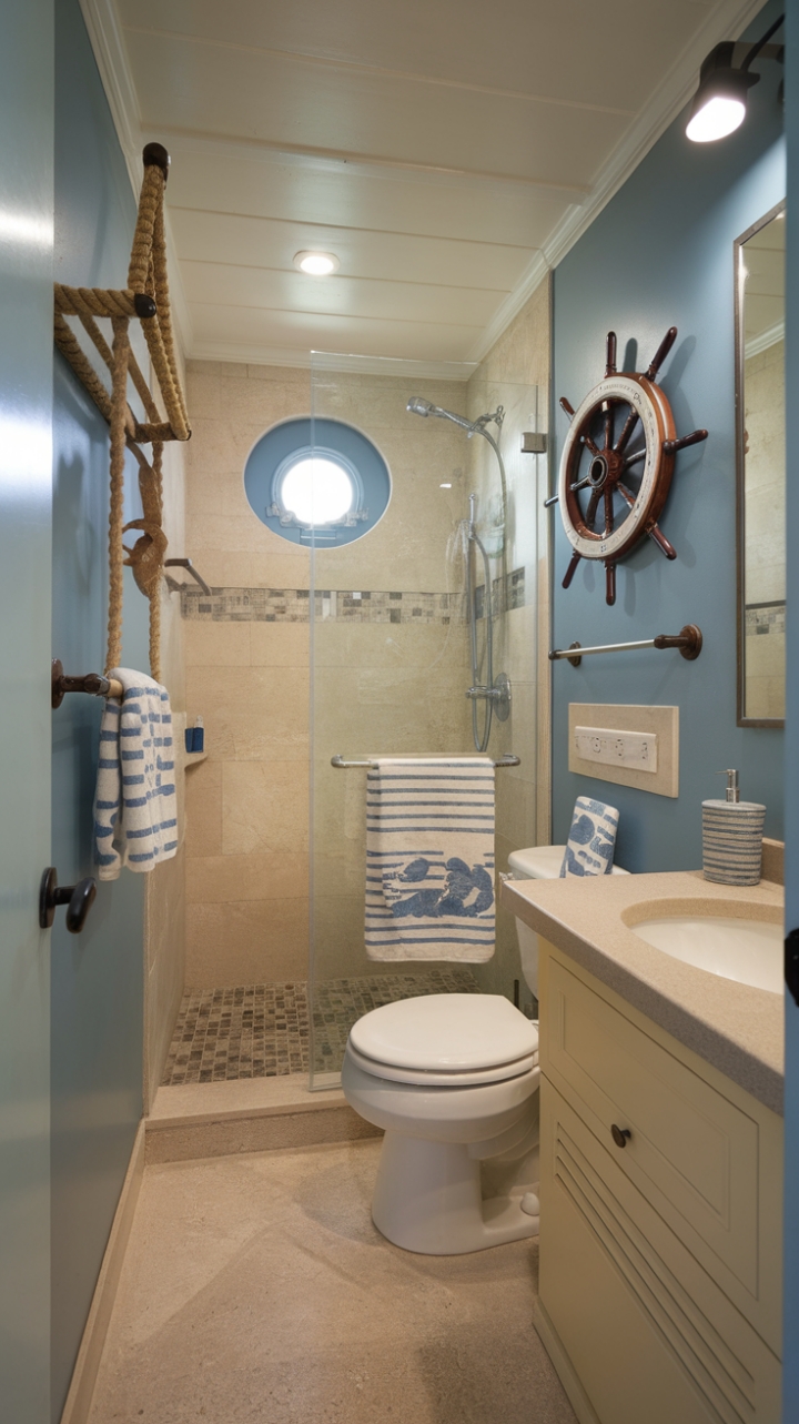 Seaside Charm: Beige and Blue Bathroom with Nautical Accents