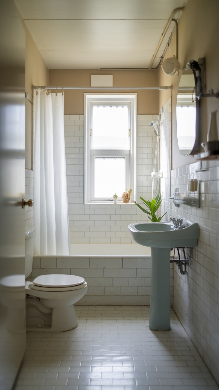 Compact Bathroom Brightened by Natural Light and Simple Decor