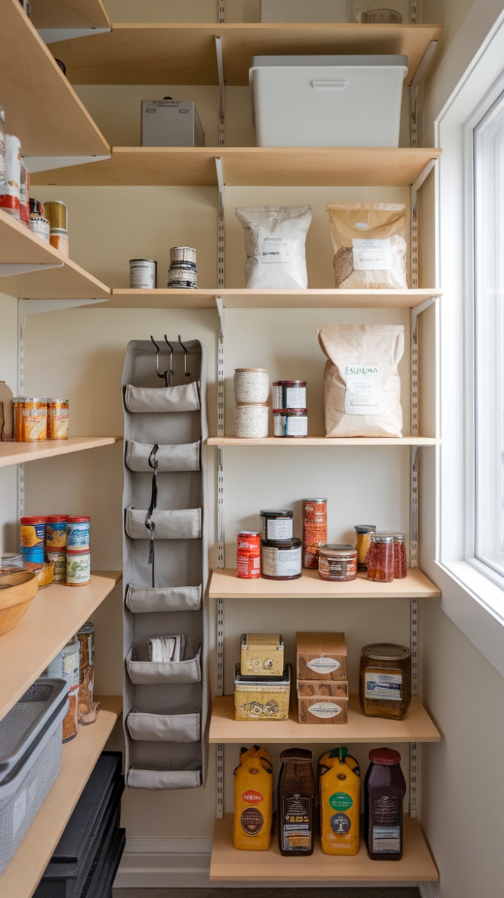 Efficient Vertical Pantry with Open Shelves and Bright Natural Light