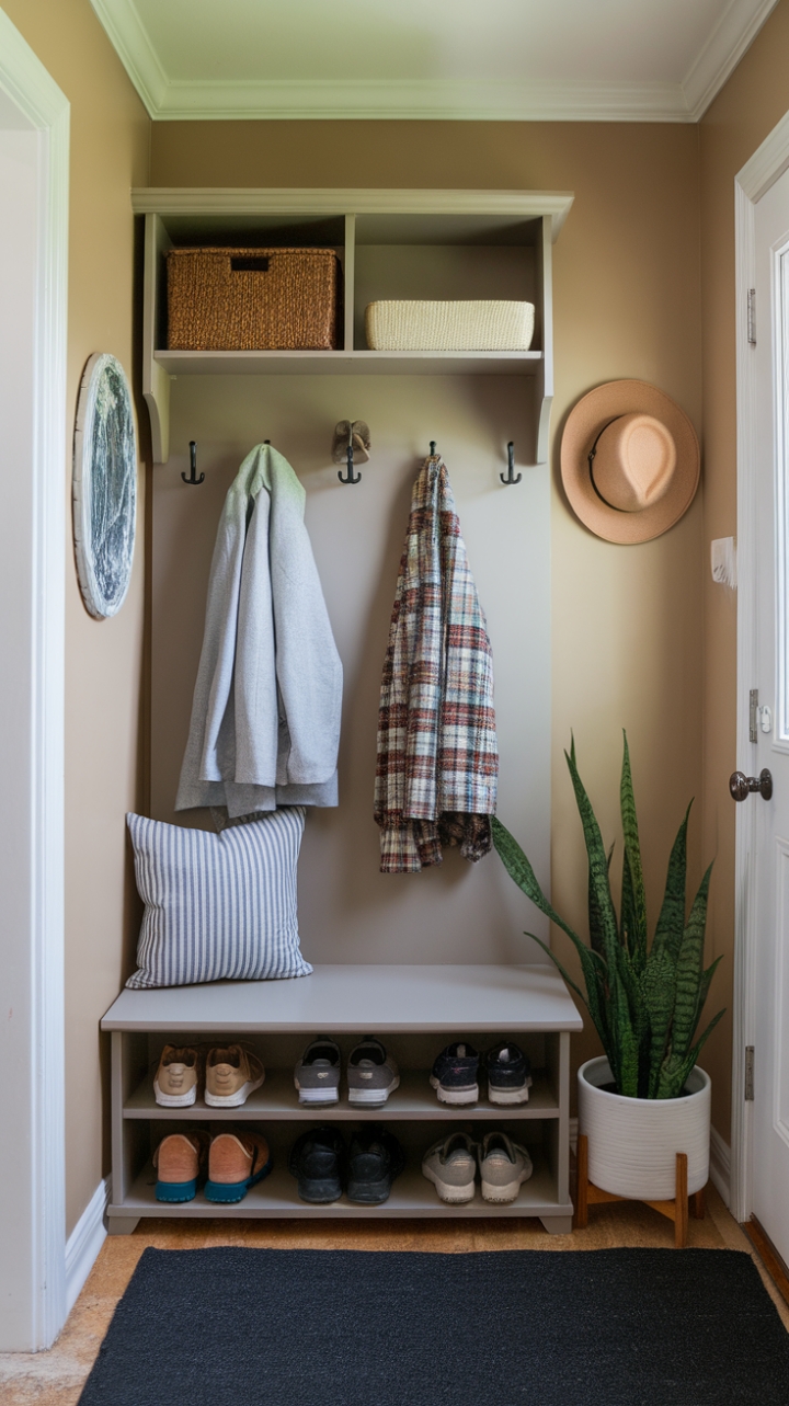 Compact Entryway Makeover with Wall-Mounted Organizer and Bench