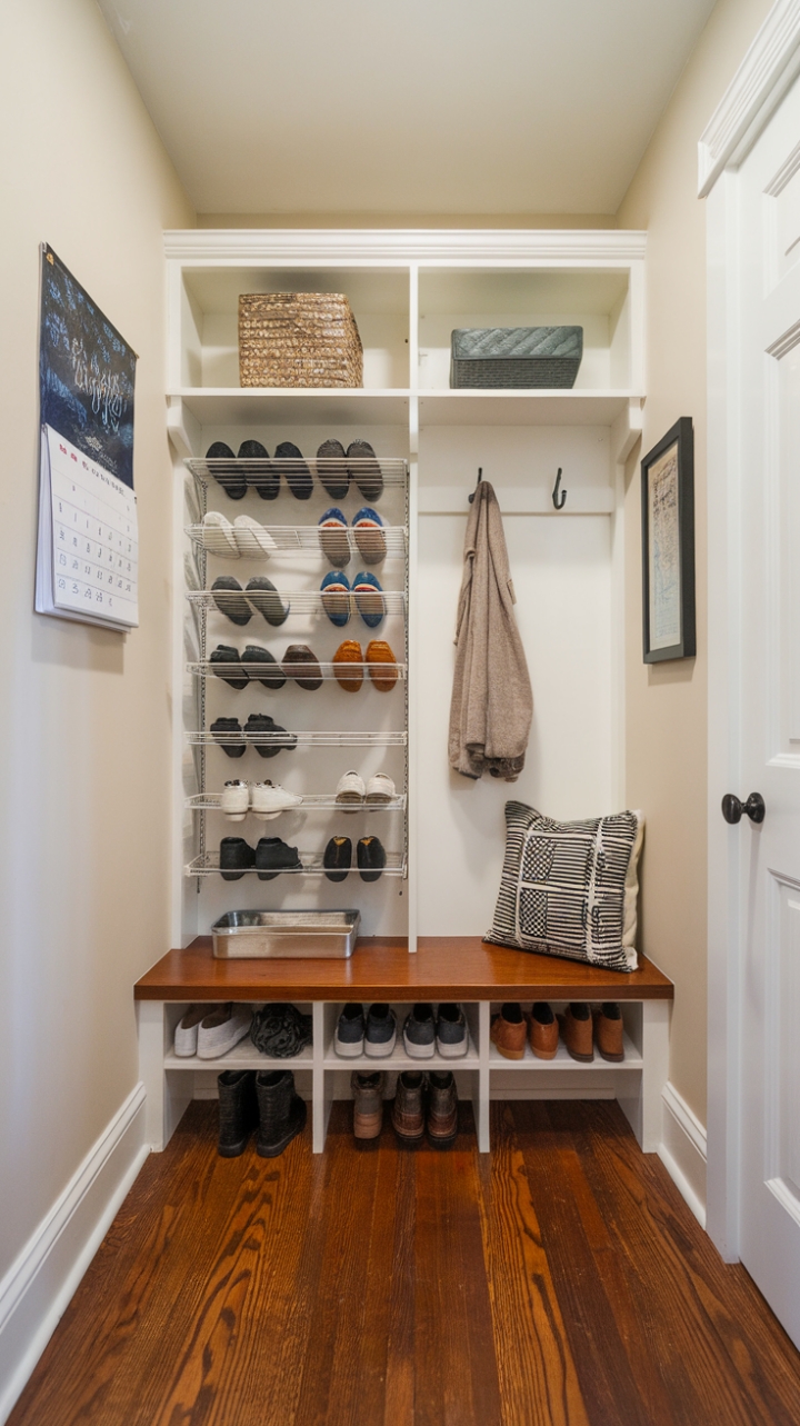 Efficient and Inviting: A Compact Mudroom with Style