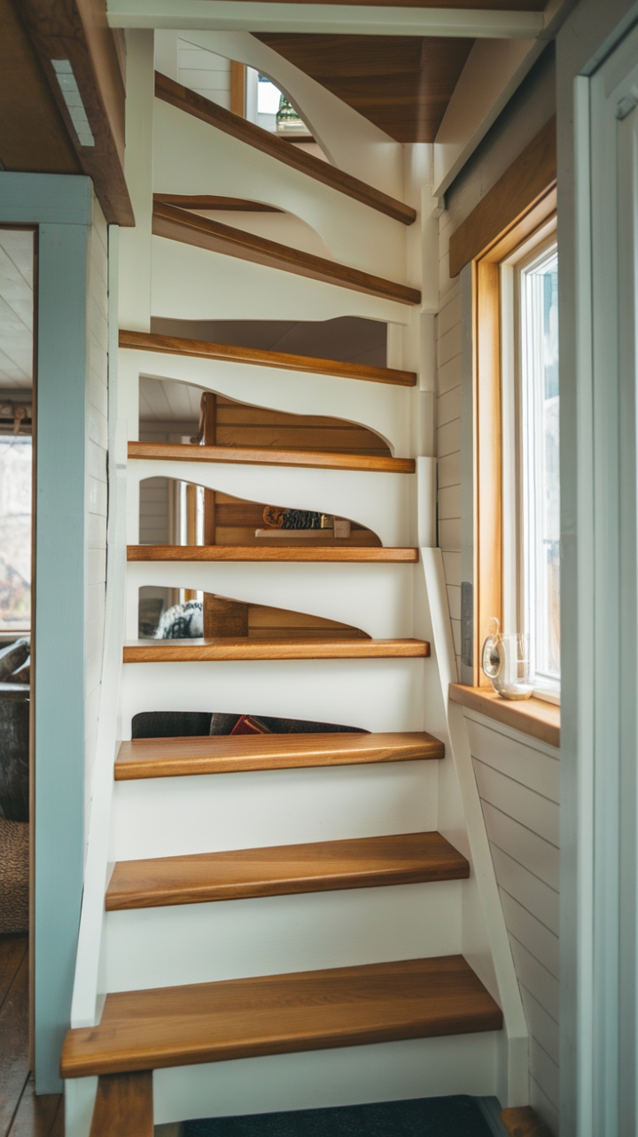 Charming Tiny House Space-Saver with Elegant White Spiral Staircase