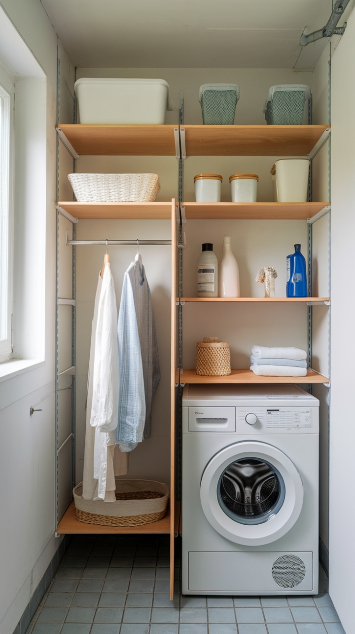 Efficient and Stylish: Wall-Mounted Shelves Maximize Small Laundry Spaces