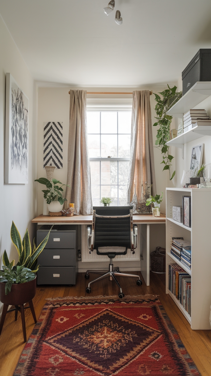 A Stylish Retreat: Elevating a Compact Workspace with Art, Greenery, and Light