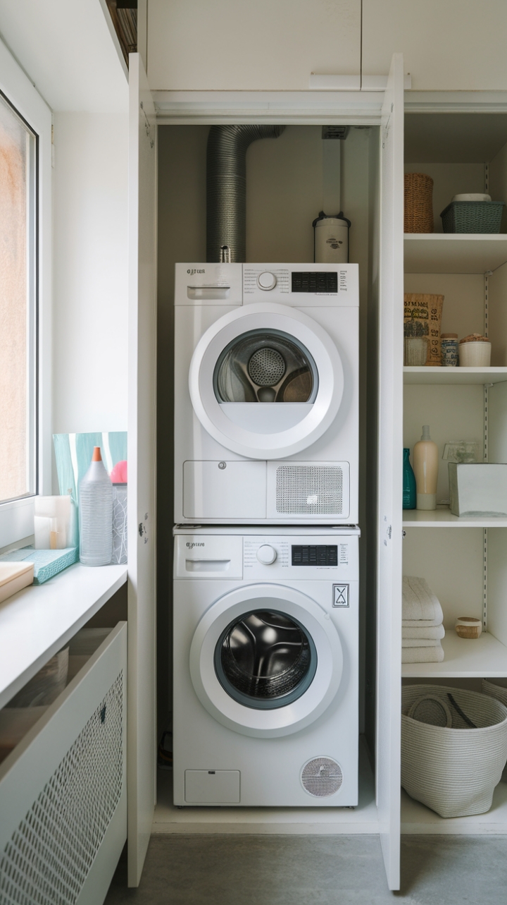 Efficient Small Laundry Room with Sleek Stackable Washer and Dryer
