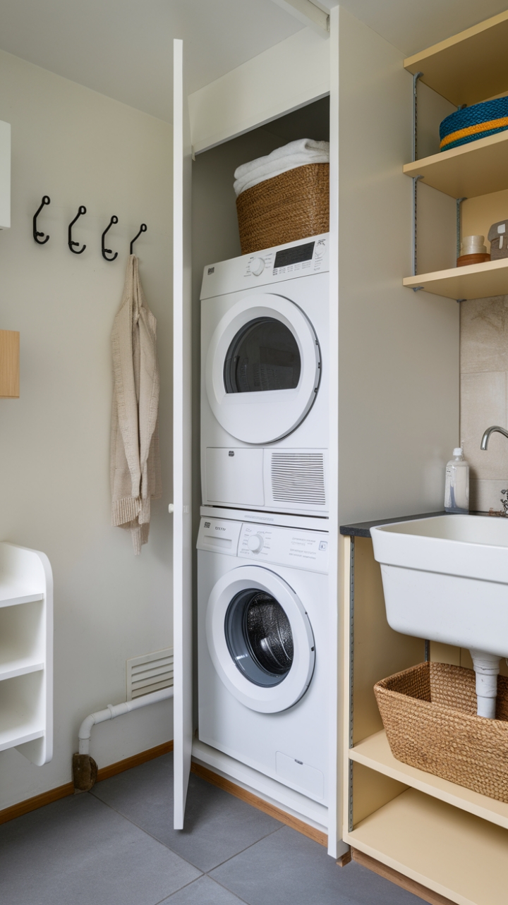 Efficient Compact Utility Room with Stacked Washer and Dryer