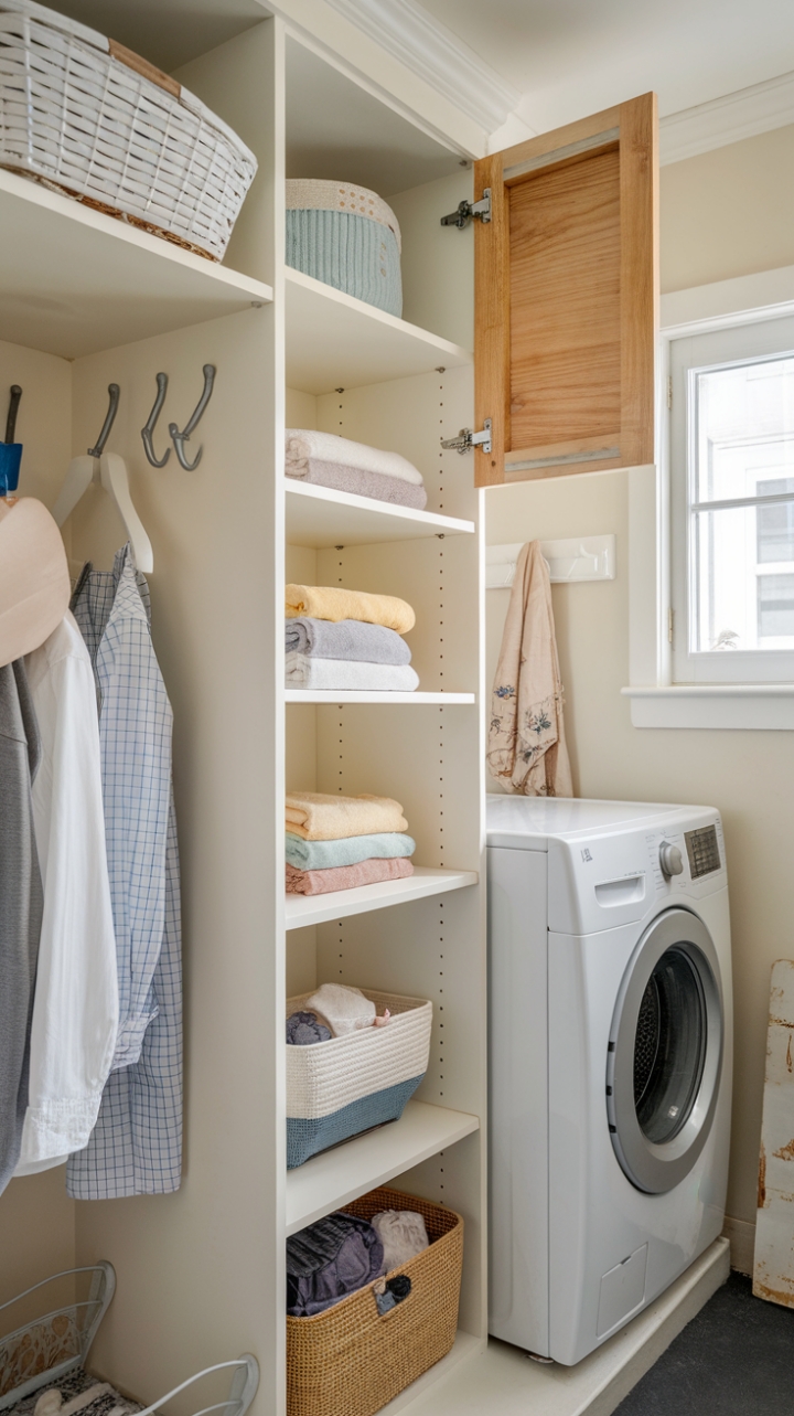 Sleek White Storage Cabinet with Wooden Door for Utility Spaces