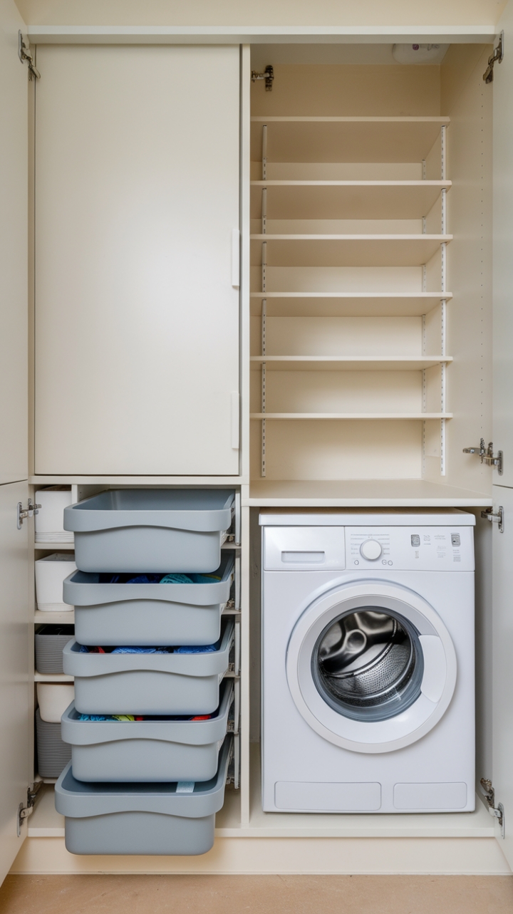 Sleek White Cabinet and Gray Drawers Maximize Storage