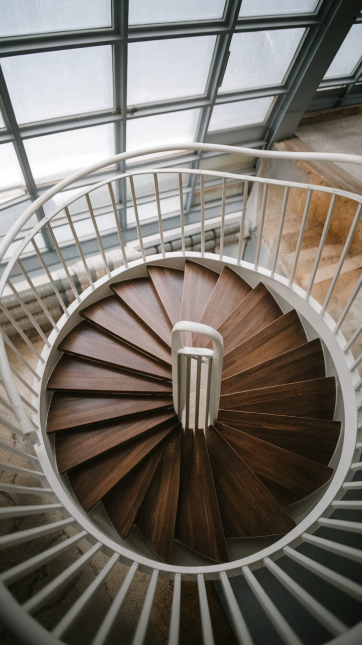 Curved Wooden Staircase with Skylight Enhances Cozy Loft