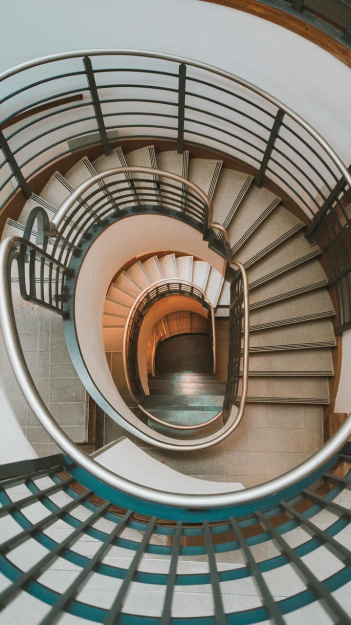 Elegant Spiral Staircase with Warm Wood and Metal Accents