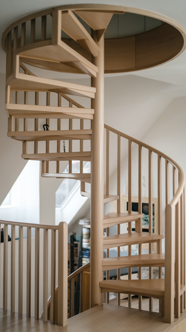 Space-Saving Wooden Spiral Staircase for Modern Lofts