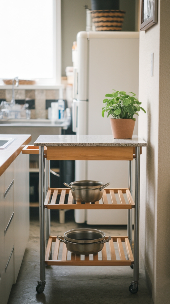 Compact Kitchen Cart with Granite Top and Wooden Shelves