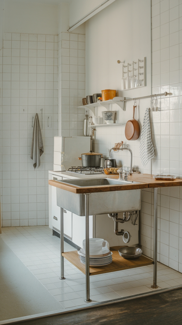 Charming Narrow Kitchen with Wooden Island and Clever Storage