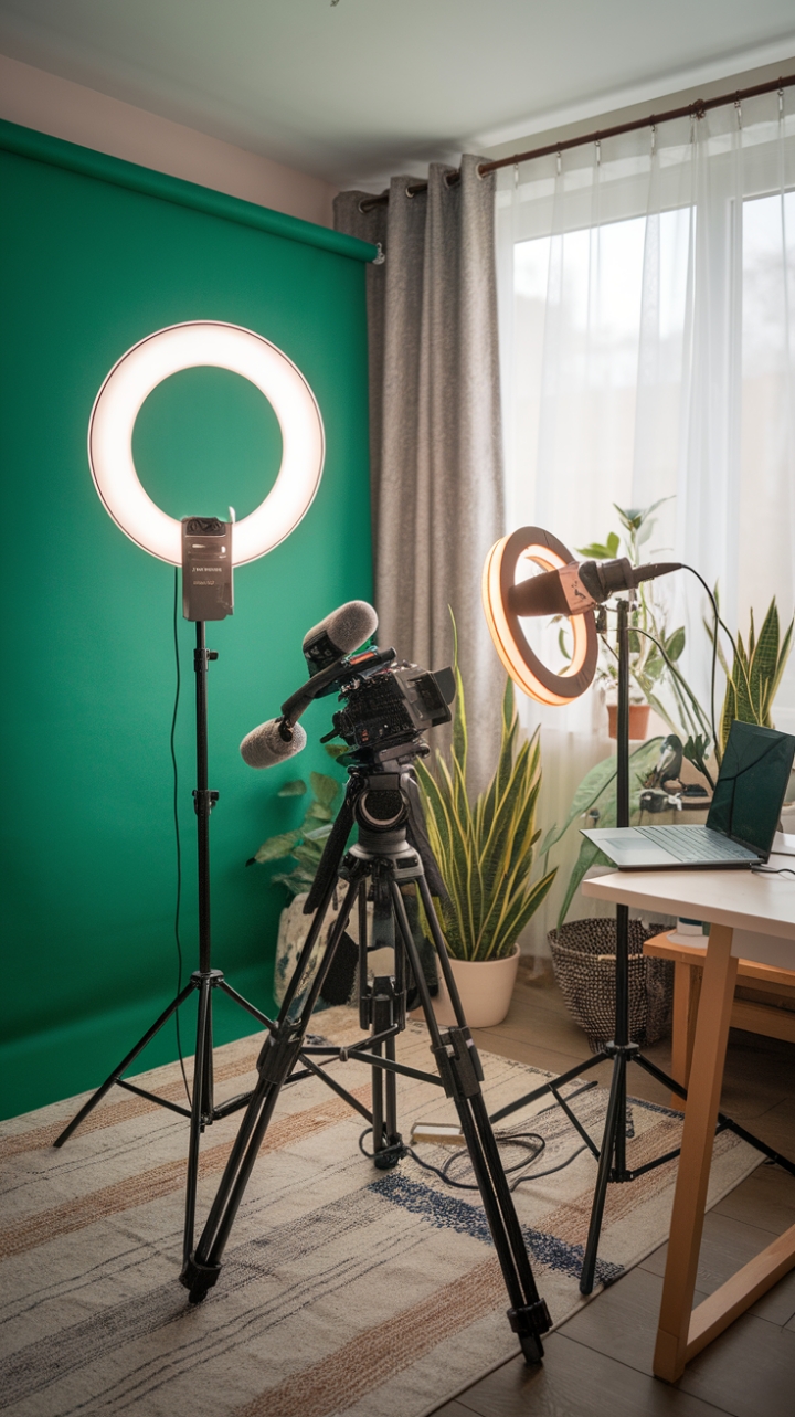 Elegant Space for Content Creation with Green Screen and Natural Light