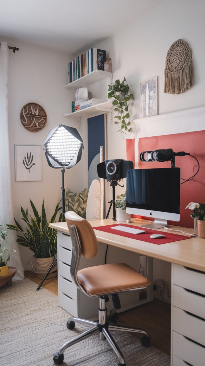 Stylish Serenity: Compact Desk Setup with Greenery and Decor