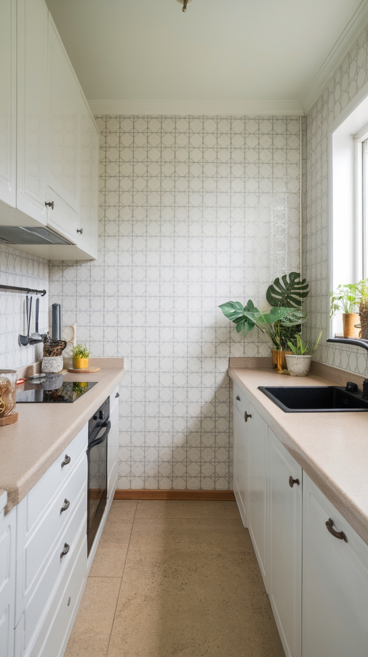 Charming U-Shaped Kitchen with Bright White Cabinets and Natural Accents