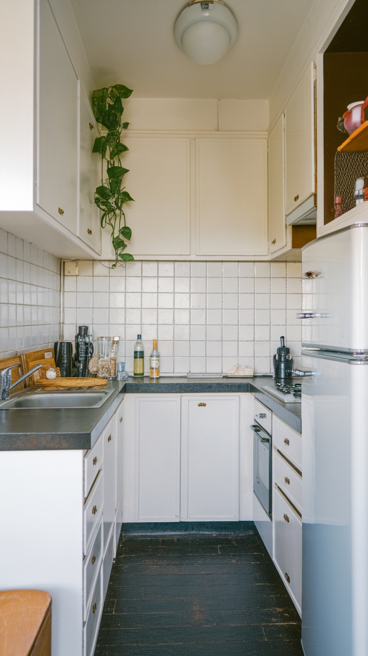 Stylish Small Kitchen with Sleek White Cabinets and Green Touch