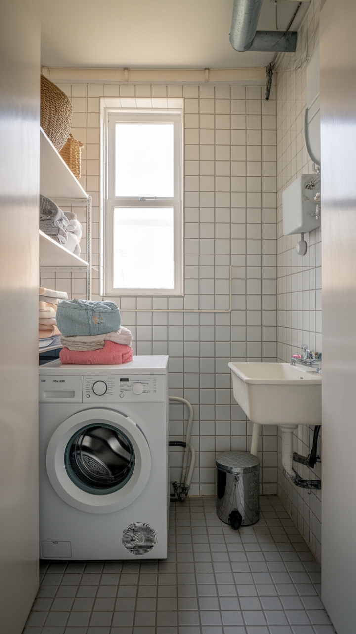 Efficient Compact Laundry Space with Tiled Floor and Nearby Sink