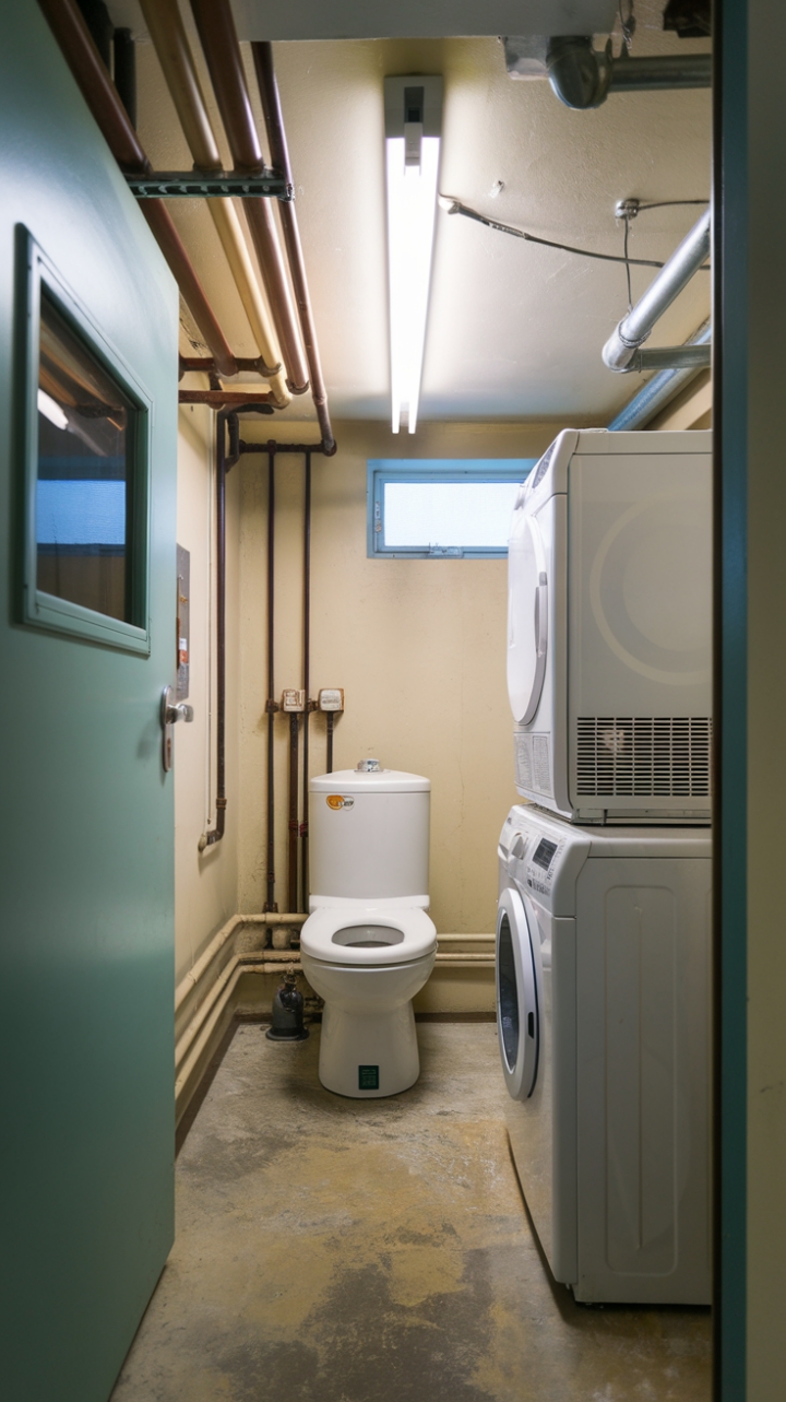 Compact Cement-Floored Laundry Space with Exposed Pipes
