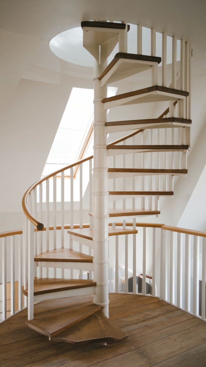 Whimsical White Spiral Staircase in Bright Loft
