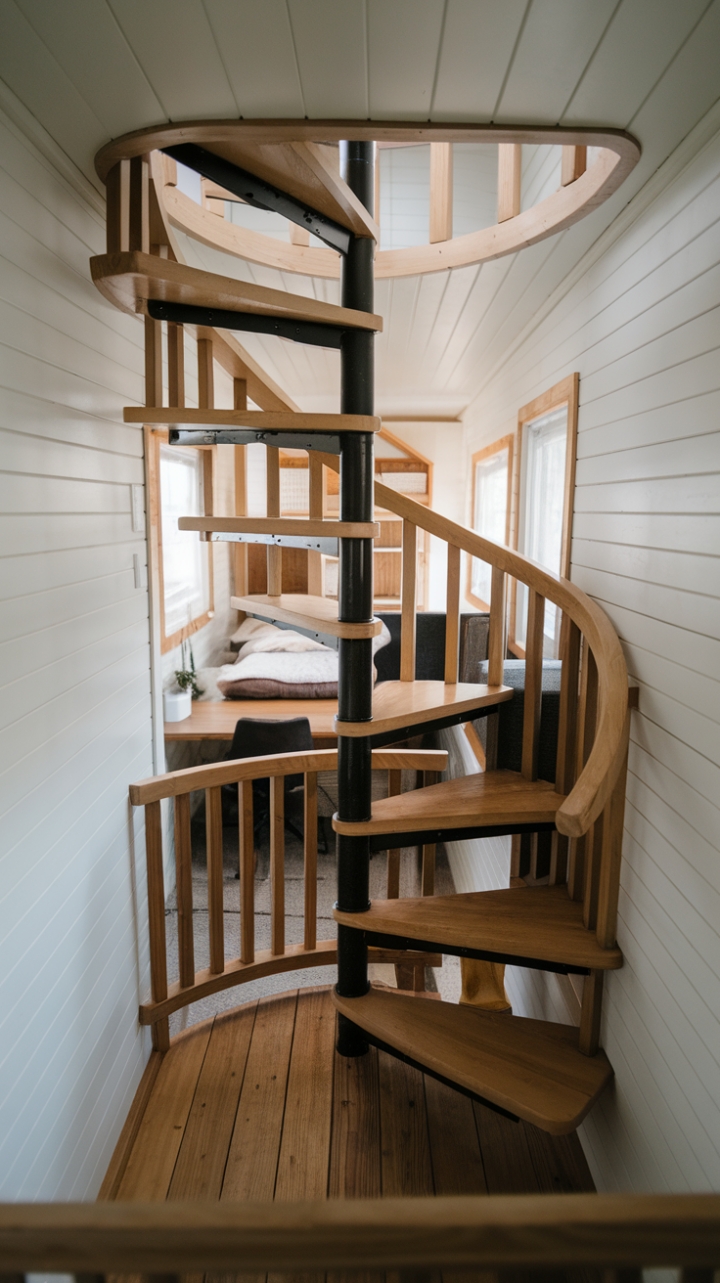 Charming Wooden Spiral Staircase Enhances Tiny House Loft