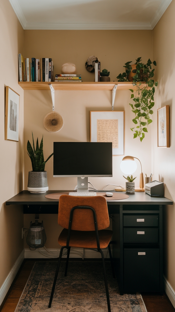 Charming Small Office with Warm Tones and Smart Storage