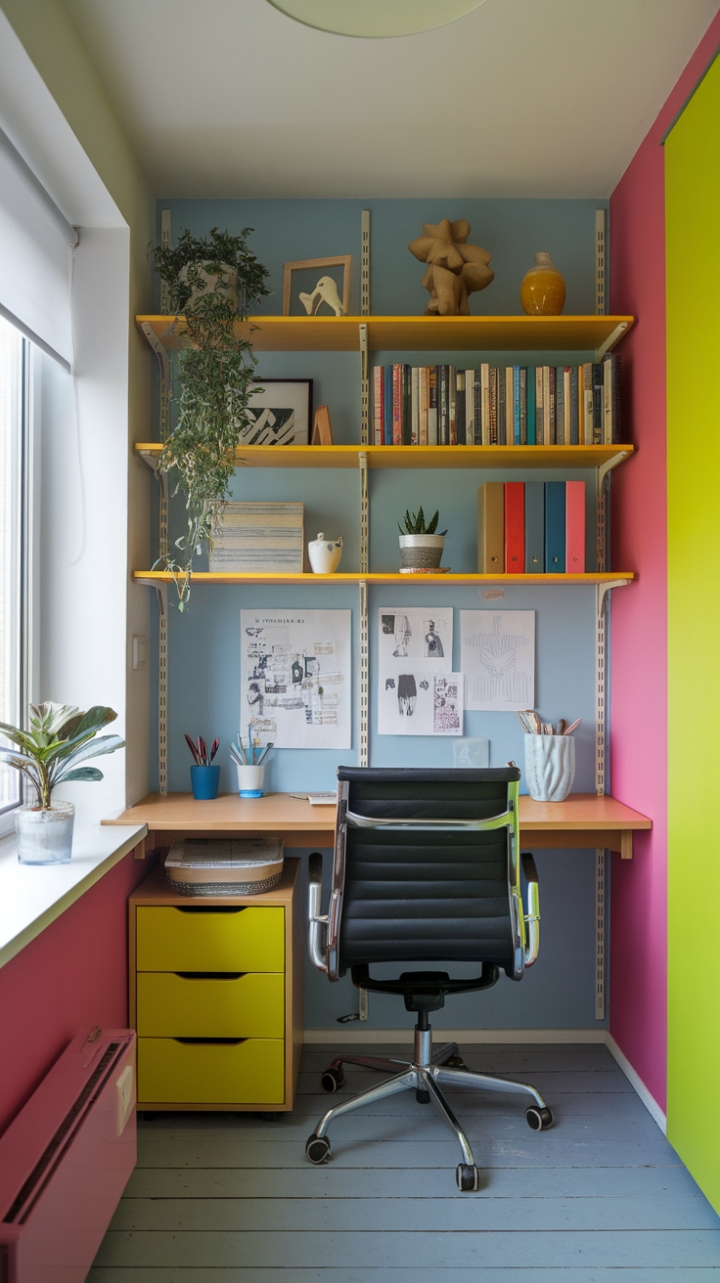 Energizing Small Office: Bright Walls and Smart Design