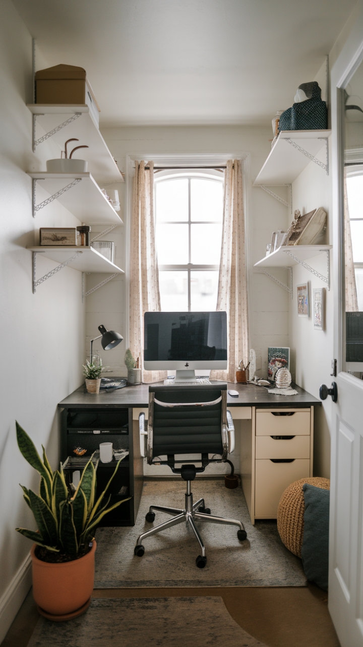 Cozy and Functional Workspace with White Walls and Natural Light