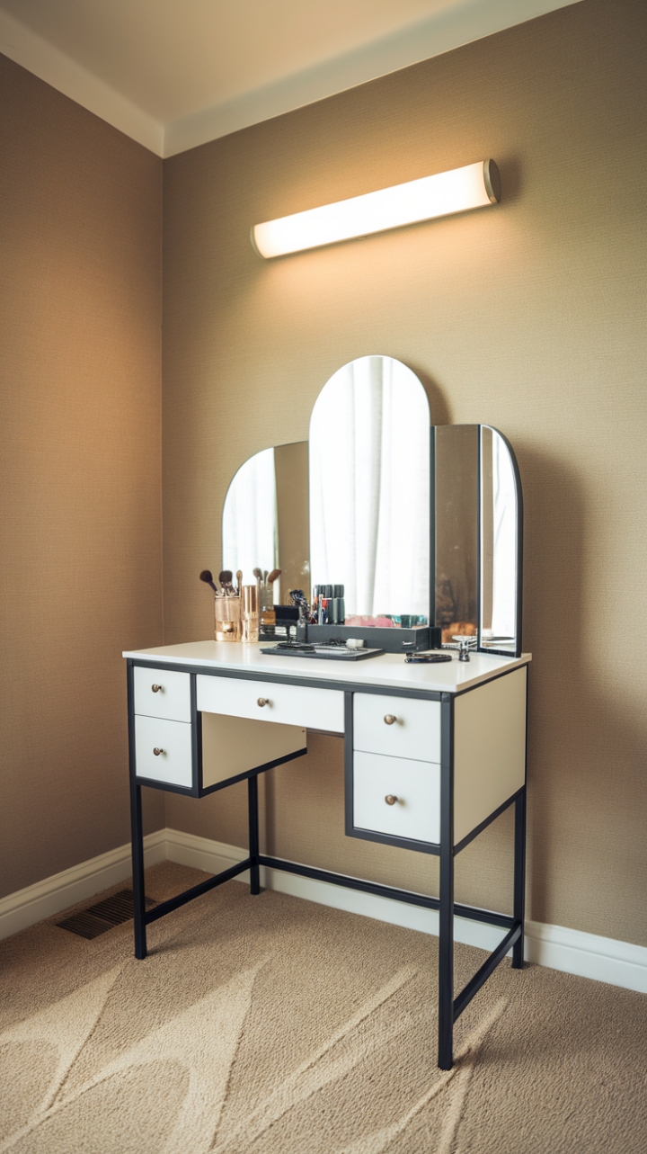 Chic Compact Vanity with White Top and Black Frame