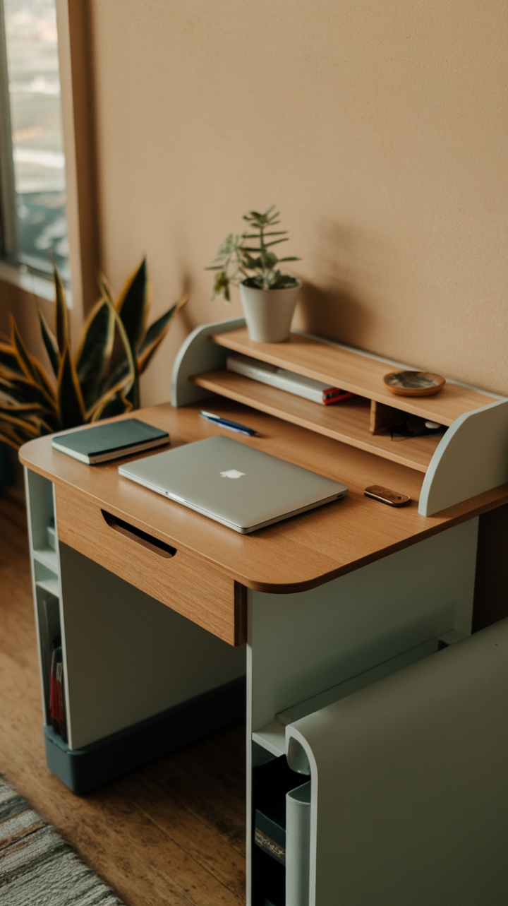 Cozy Creative Corner with Wooden Desk and Lush Plant