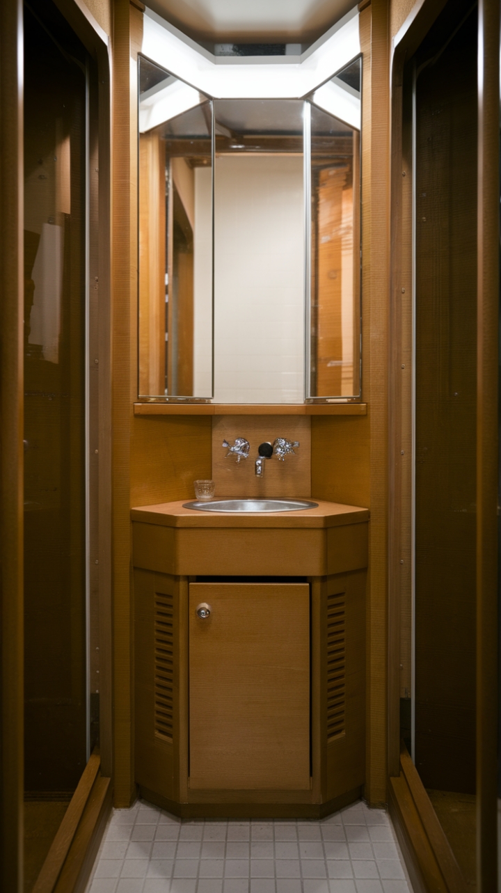 Cozy Nook Elegance: Compact Vanity with Tiled Flooring and Bright Mirror