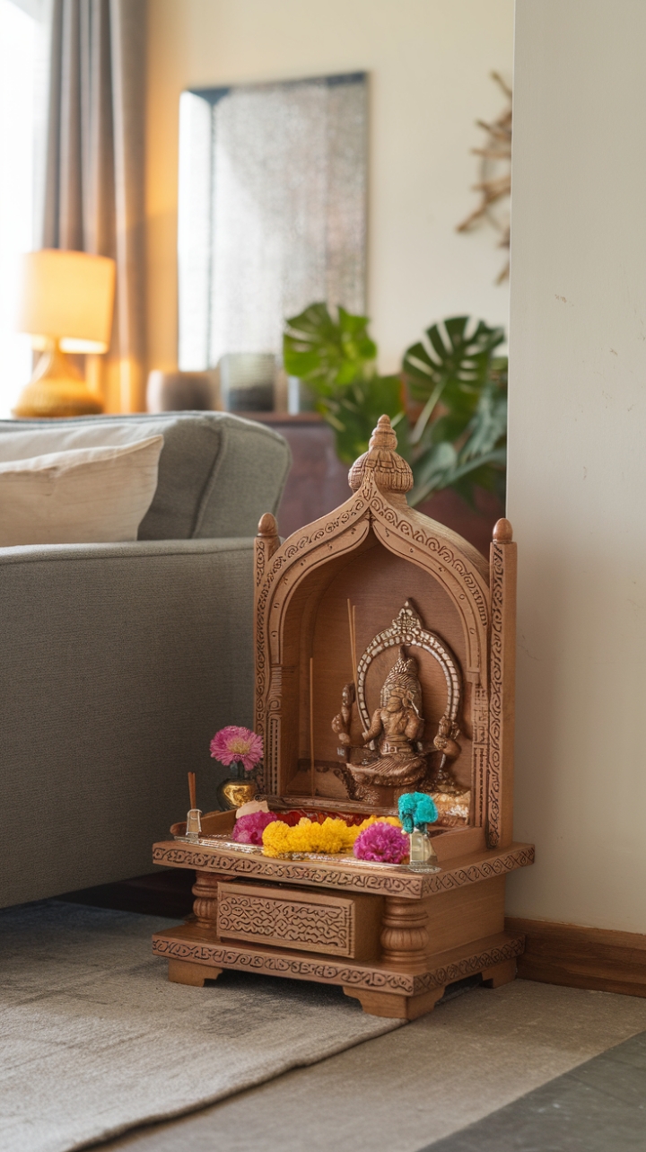 Serene Wooden Pooja Mandir Enhances Cozy Living Space