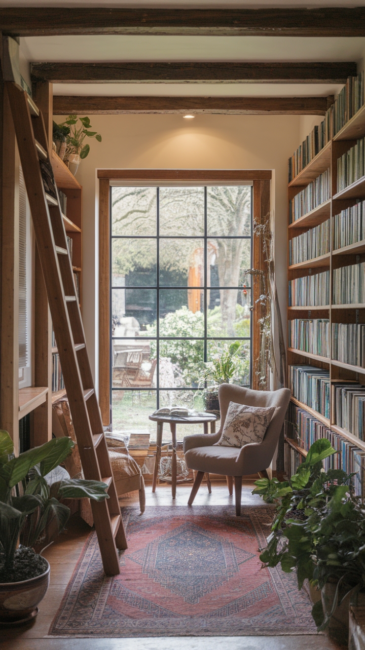 Charming Library Retreat with Wooden Beams and Lush Garden Outlook