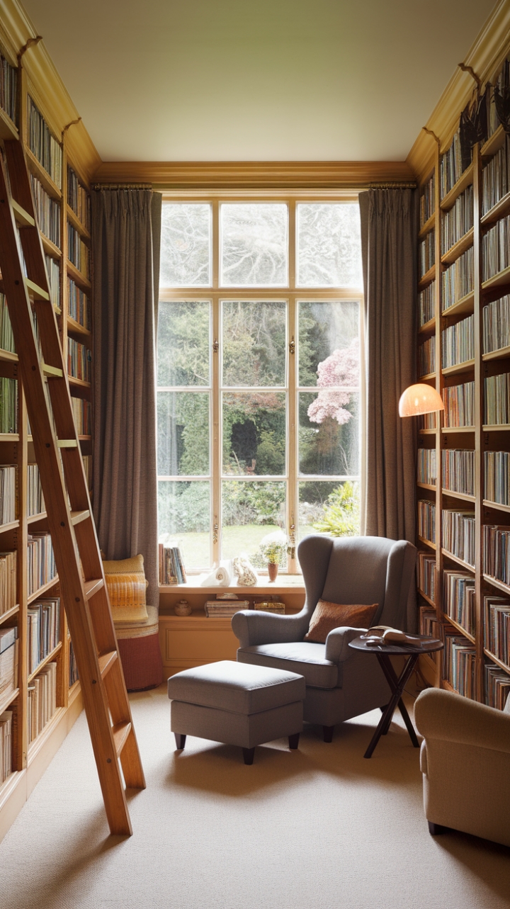 Serene Sanctuary: A Warm, Earth-Toned Home Library with Garden Views