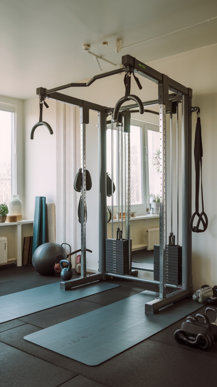 Inspiring Space: Sleek Home Gym with Multi-Functional Machine and Wall Mirror