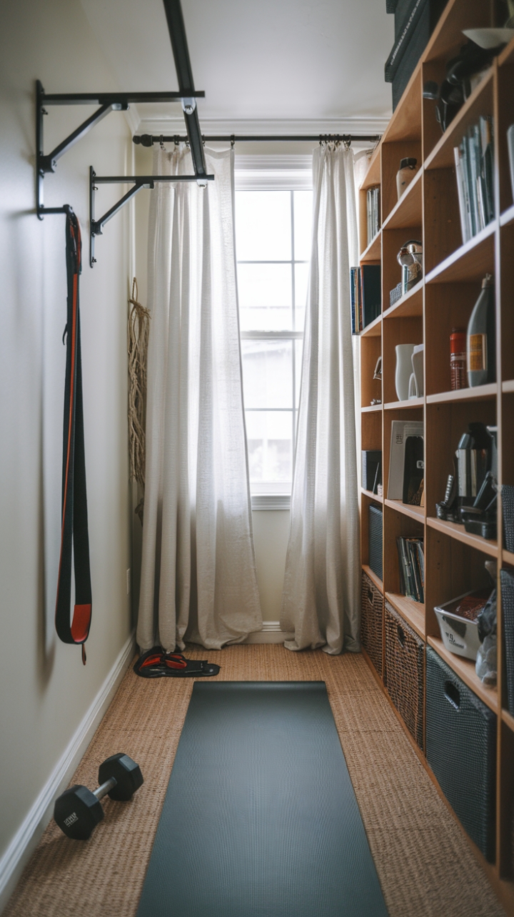 Compact Fitness Nook with Wall-Mounted Equipment and Cozy Light