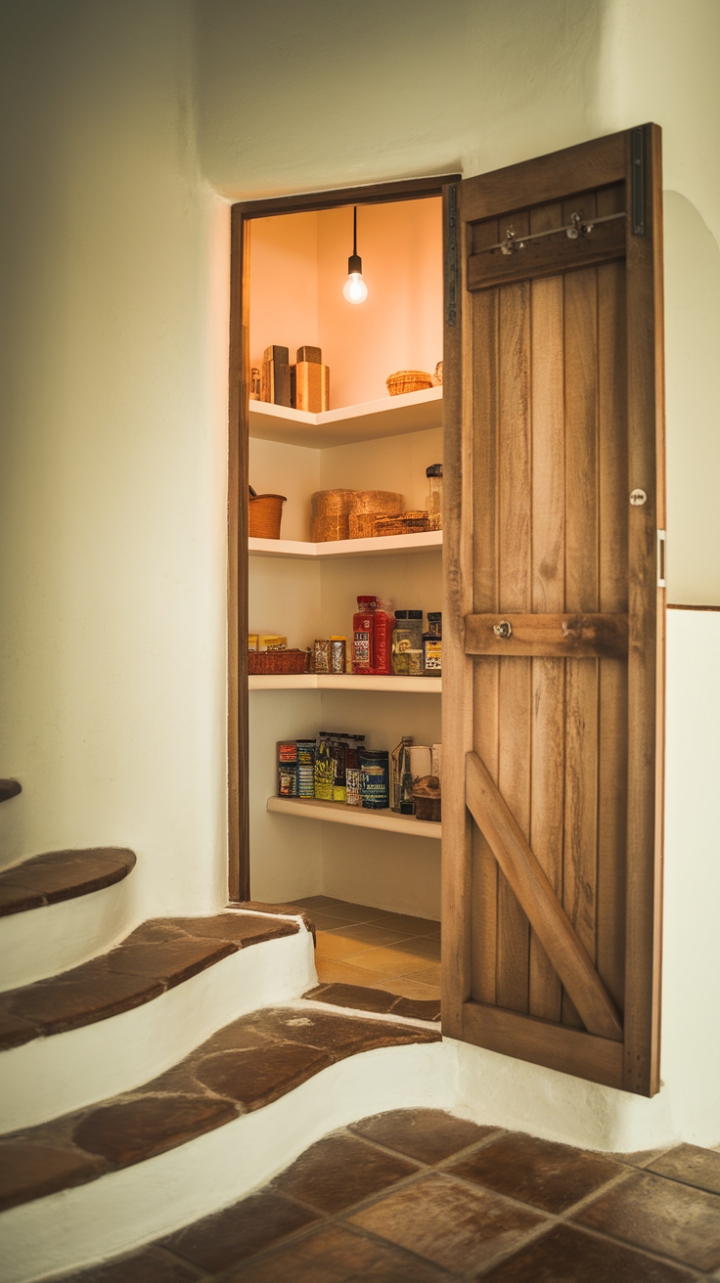 Elegant Wooden Door Pantry with Bright Interior and Tiled Floor