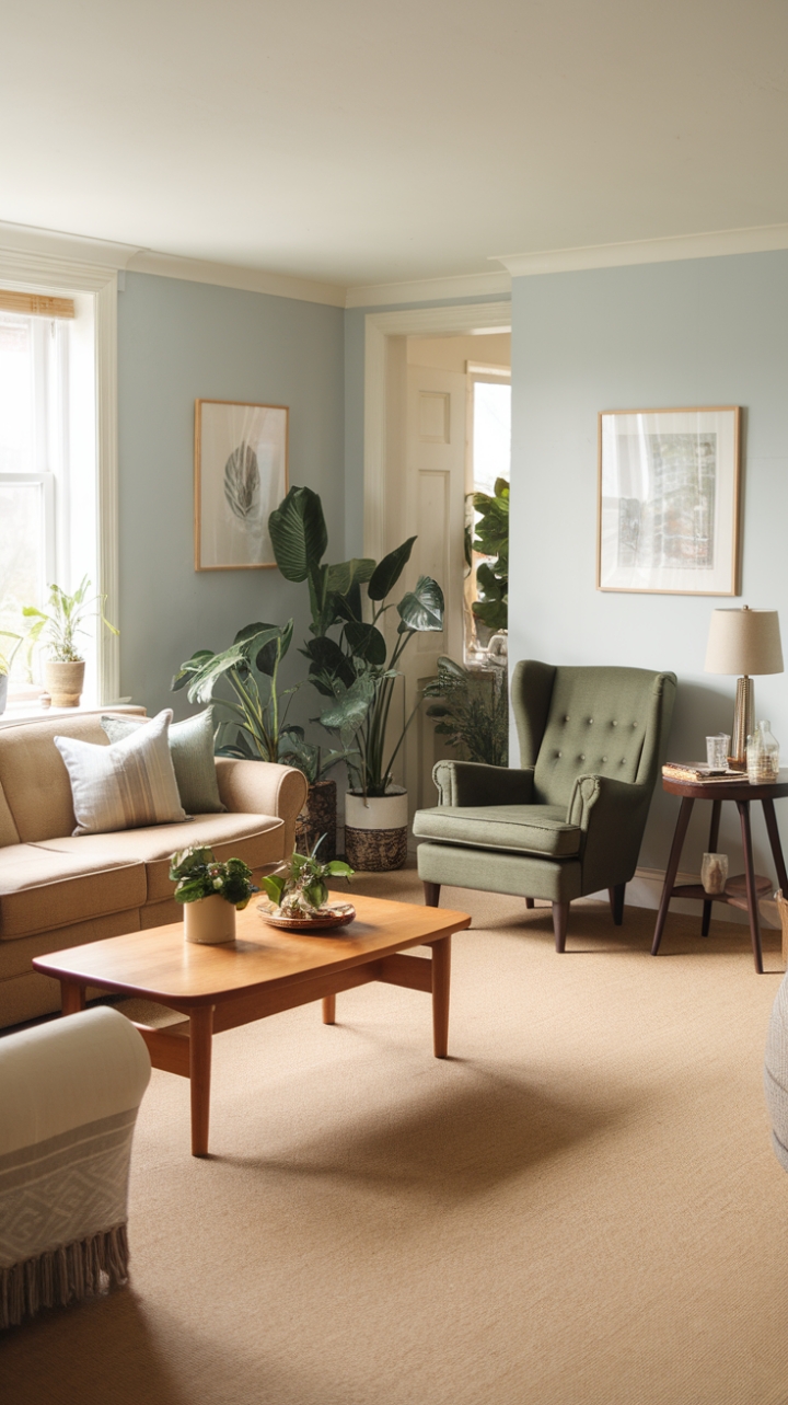 Serene Living Room Retreat with Beige, Blue, and Green Accents