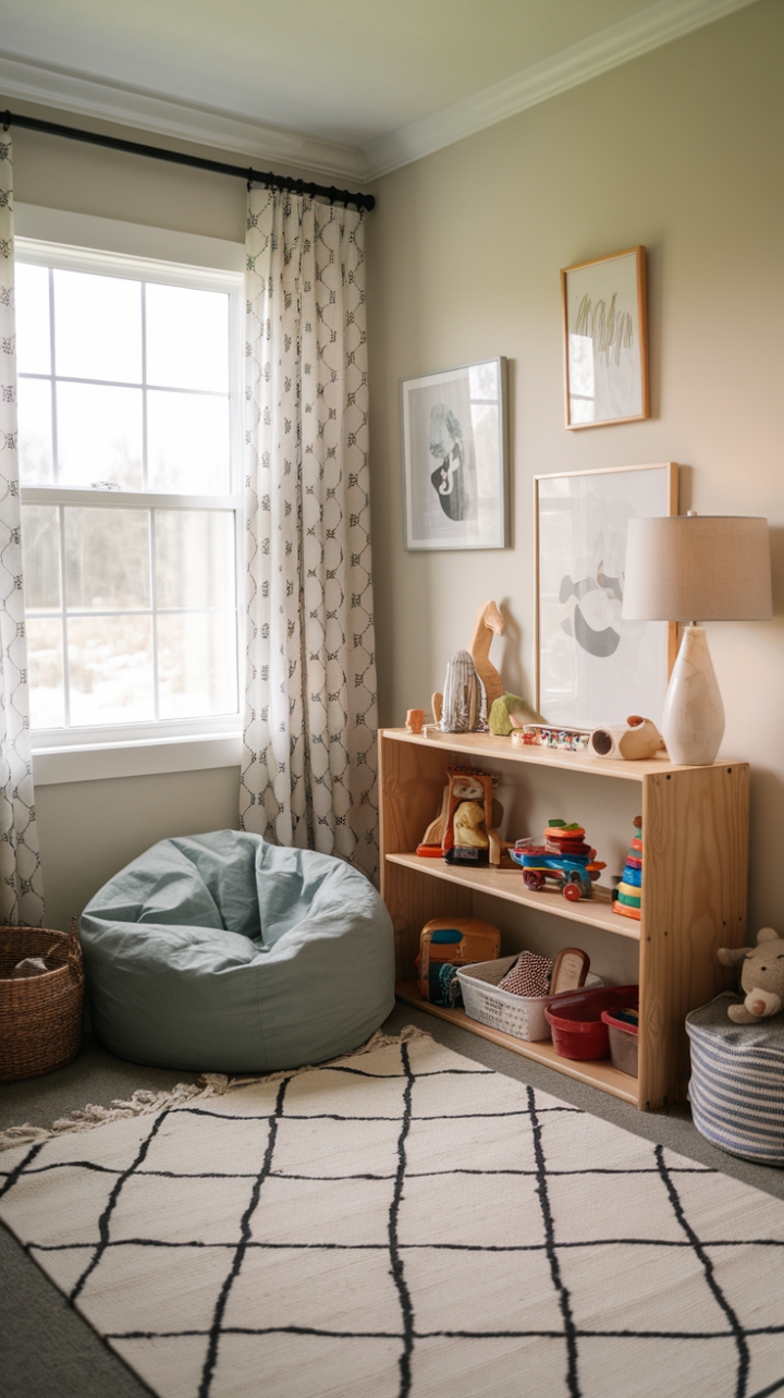 Inviting Small Play Space with Neutral Palette and Accessible Storage