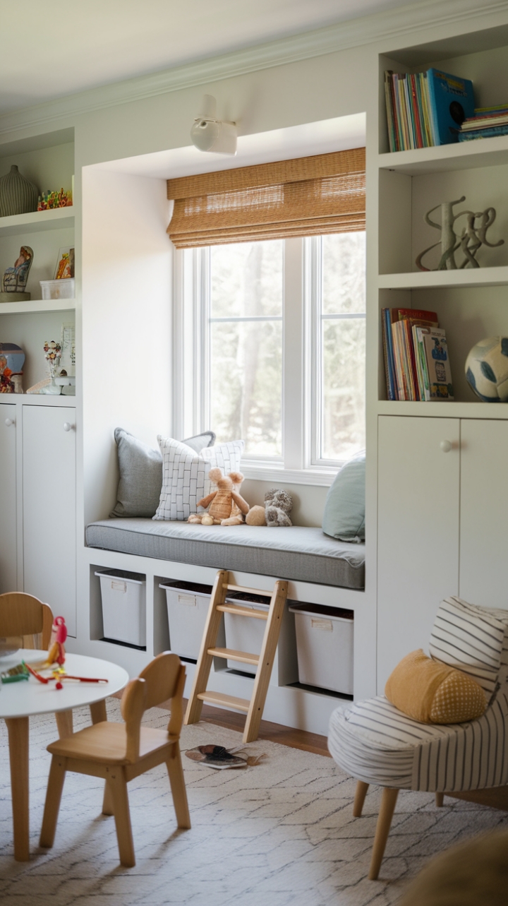Compact Play Space Transformed with a Cozy Window Seat and Smart Shelving