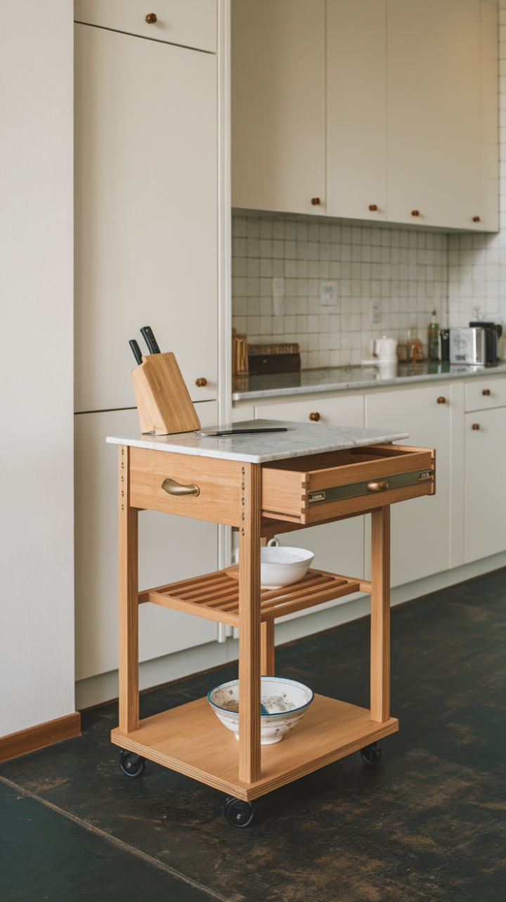 Flexible Wooden Kitchen Island with Marble Top for Small Spaces