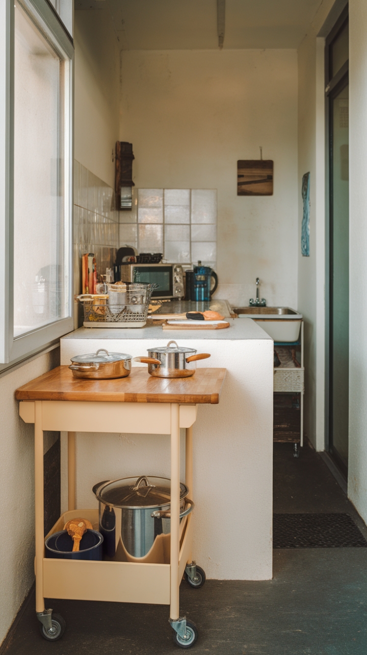 Efficient Small Kitchen Design with Warm Wood Accents and Smart Storage