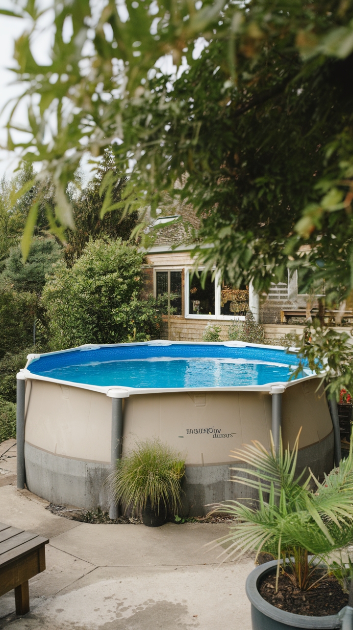 Tranquil Outdoor Oasis with Above-Ground Pool and Lush Greenery