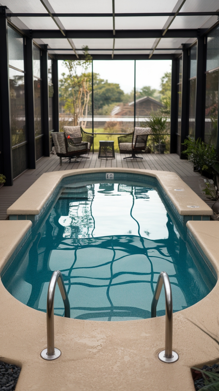 Modern Tiny Pool Oasis with Wooden Deck and Serene Surroundings