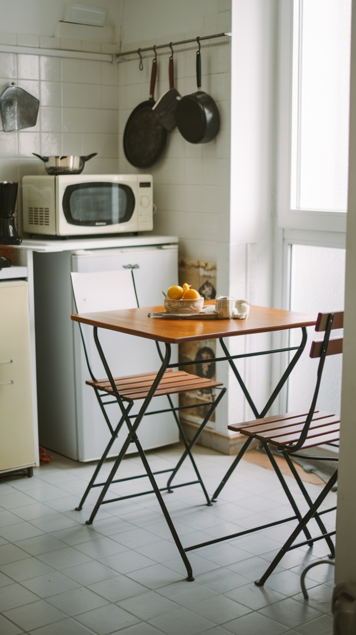 Inviting Kitchen Nook with Wooden Table, Tiled Floor, and Practical Storage