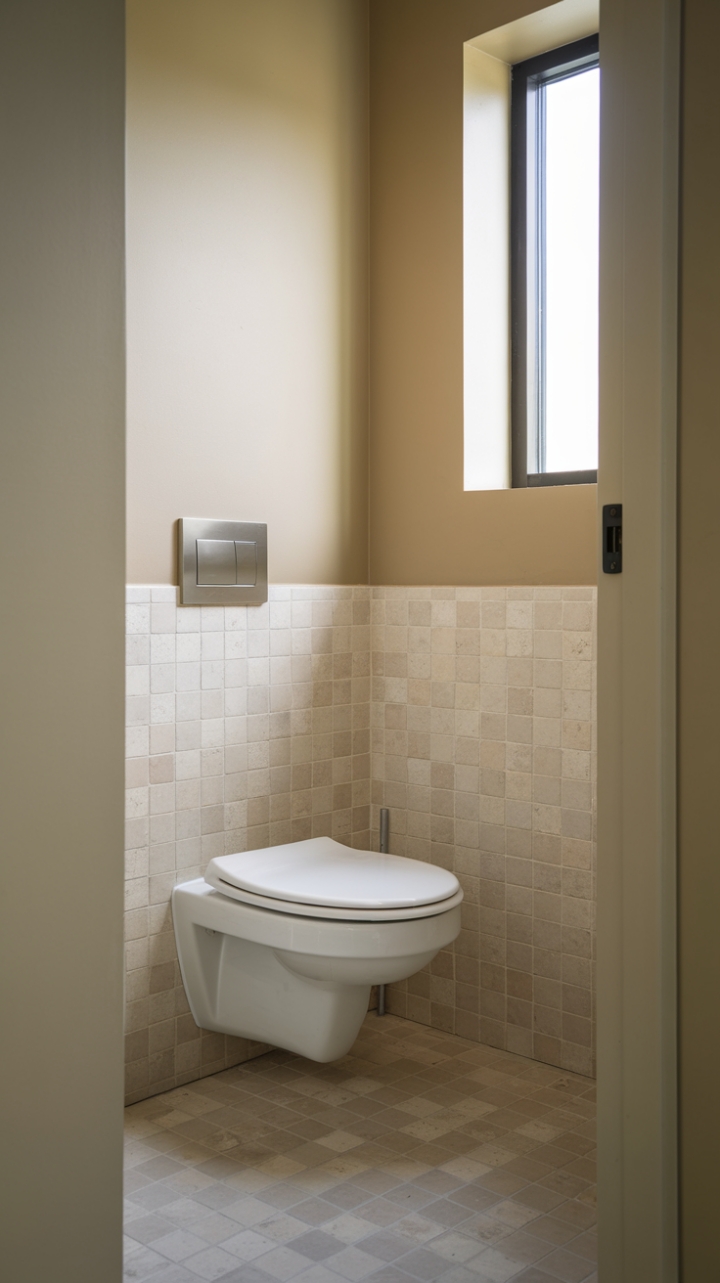 Elegant Minimalism: Space-Saving Wall-Mounted Toilet in a Cozy Powder Room
