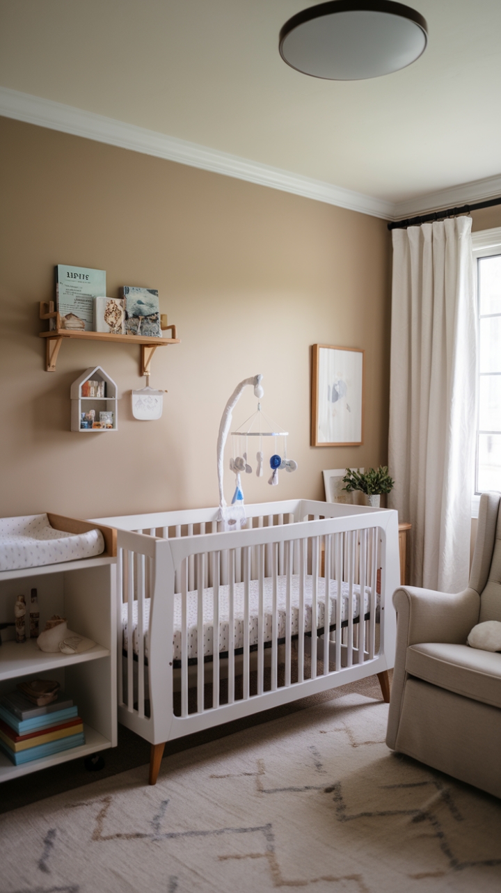 Serene Nursery with White Crib and Cozy Details
