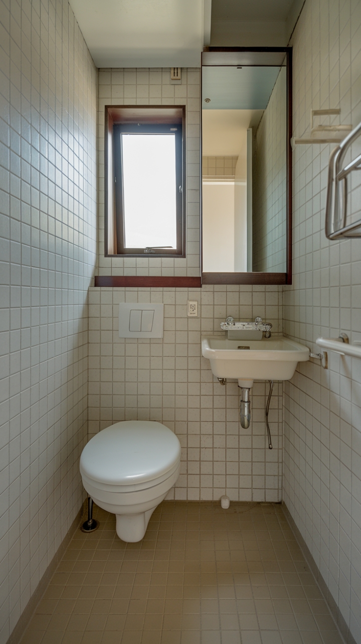 Cozy Beige and White Tiled Bathroom with Clever Layout
